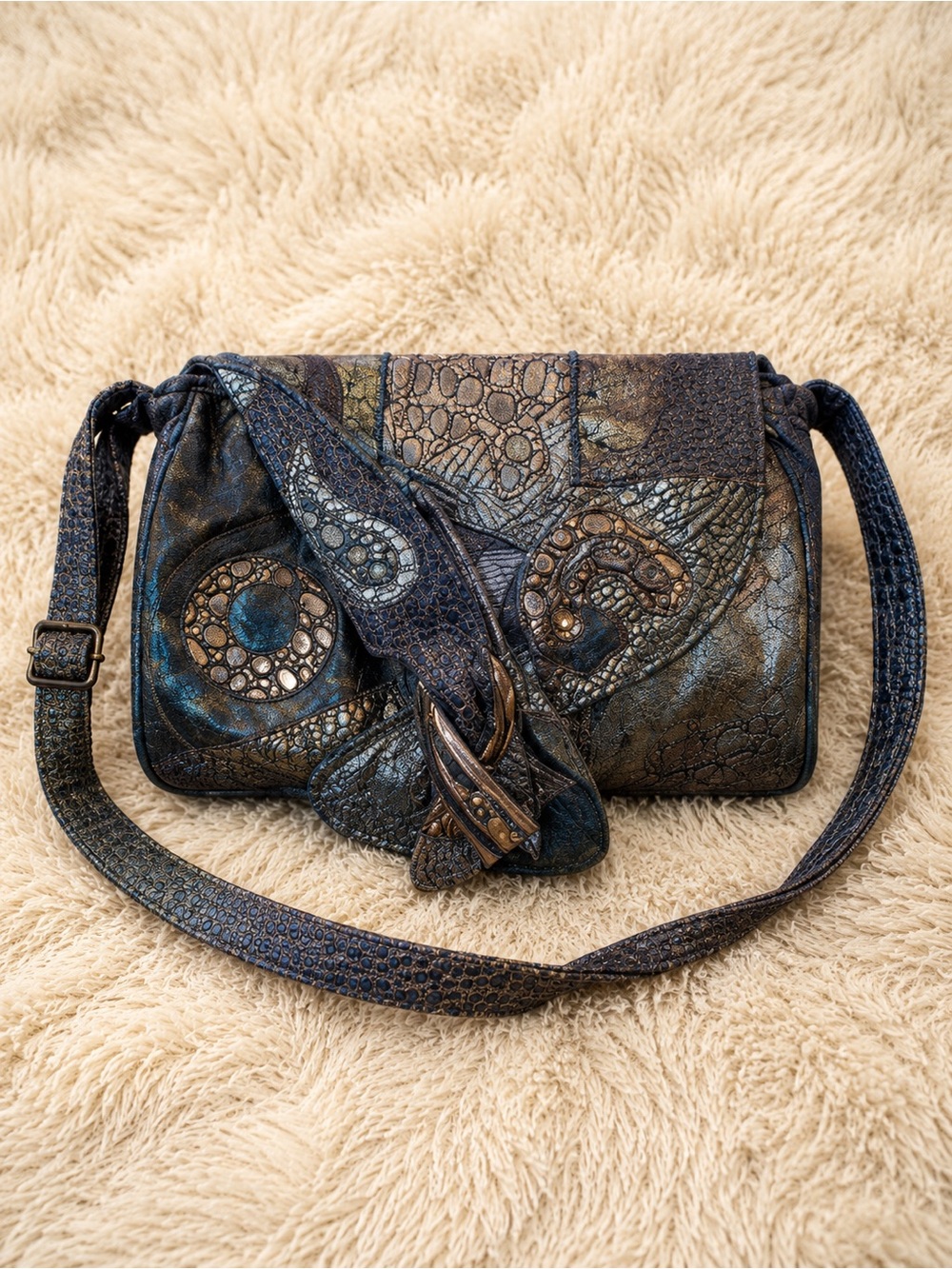 Metallic Blue Patterned Shoulder Bag